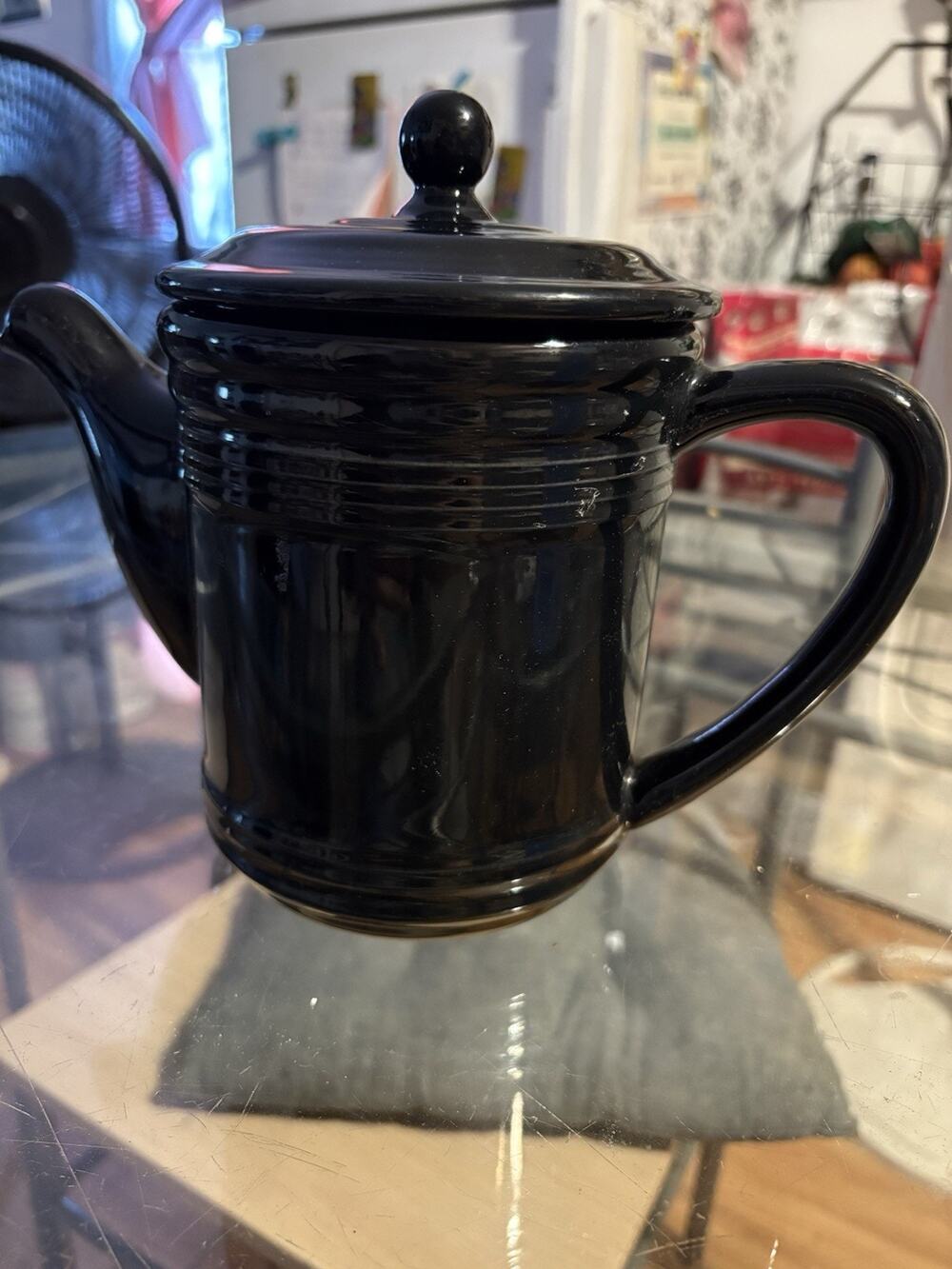 Vintage Cook's Club Black Ceramic Teapot Coffee Pot Art Deco Ribbed Rings Lid